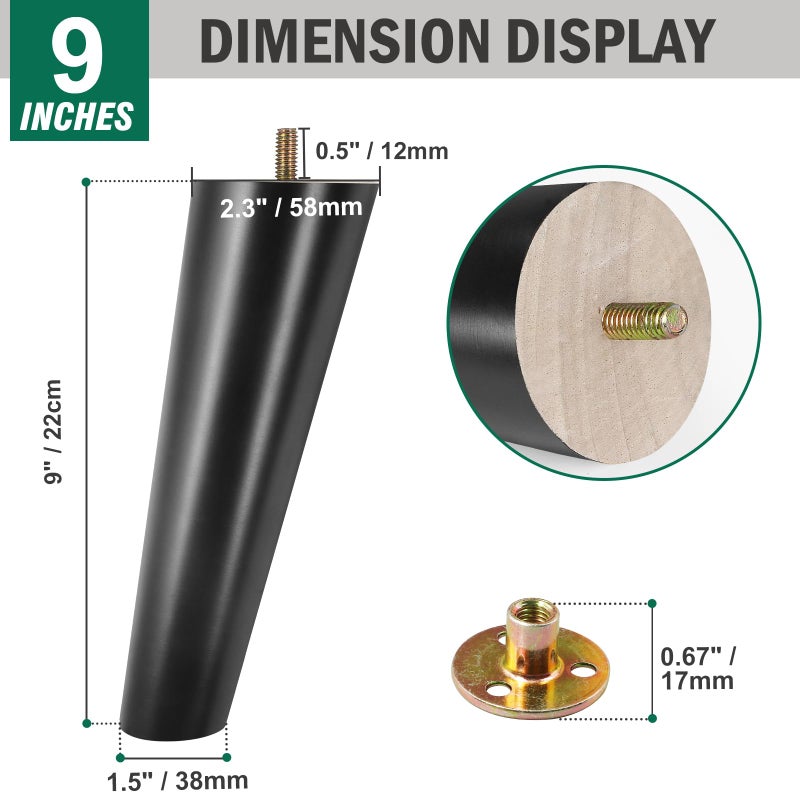 FoDau770 Black Rubber Wood Furniture Legs 9 Inches, Slant Tapered Wood Legs Mid Century Sofa Legs Set of 4, 5/16"" UNC Furniture Feet Replacement Legs for Cabinet Sofa Couch Dresser Chair Ottoman Table - Image 3